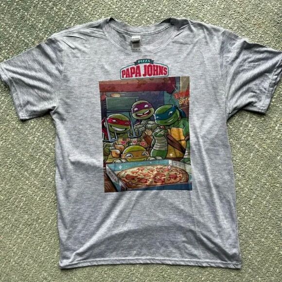 Gray Papa Johns Pizza TMNT Graphic T-Shirt - Picture 1 of 1